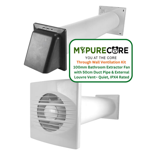 Through Wall Ventilation Kit – 100mm Bathroom Extractor Fan with 50cm Duct Pipe & External Louvre Vent – Quiet IPX4 Rated Fan – Ideal for Bathroom, Toilet, Kitchen, Home & Commercial Use