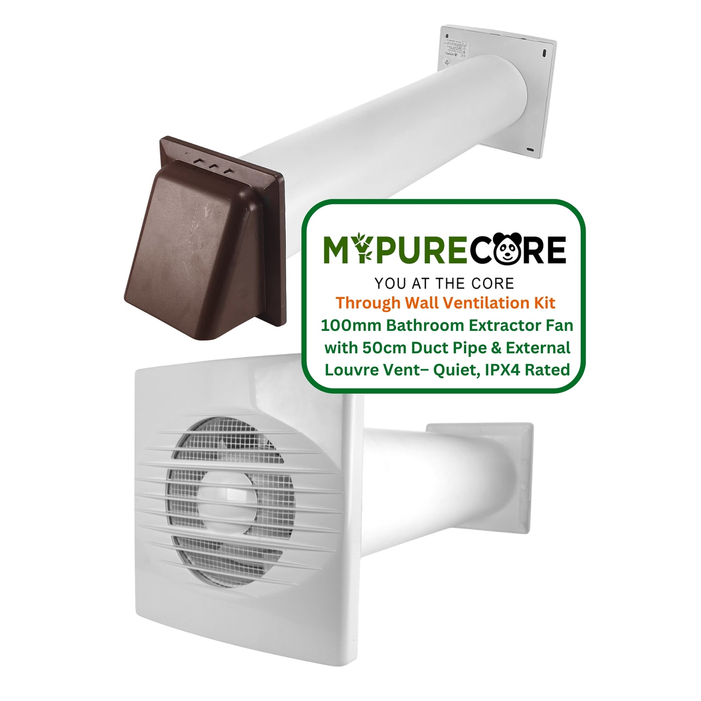Through Wall Ventilation Kit – 100mm Bathroom Extractor Fan with 50cm Duct Pipe & External Louvre Vent – Quiet IPX4 Rated Fan – Ideal for Bathroom, Toilet, Kitchen, Home & Commercial Use