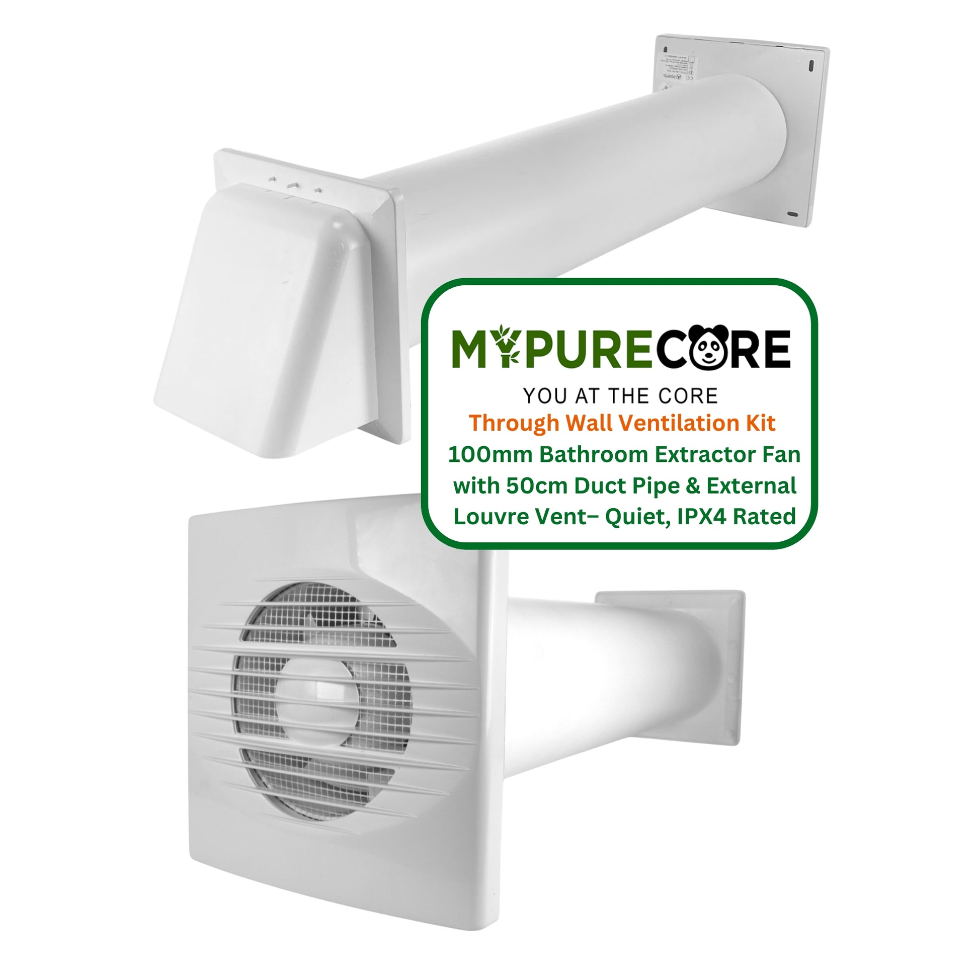Through Wall Ventilation Kit – 100mm Bathroom Extractor Fan with 50cm Duct Pipe & External Louvre Vent – Quiet IPX4 Rated Fan – Ideal for Bathroom, Toilet, Kitchen, Home & Commercial Use