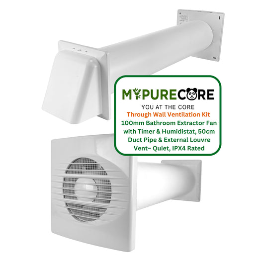 Through Wall Bathroom Ventilation Kit – 100mm Extractor Fan with Timer, Humidistat, 50cm PVC Duct & Louvre Vent – Quiet Ventilation for Toilet, Kitchen, Home & Office