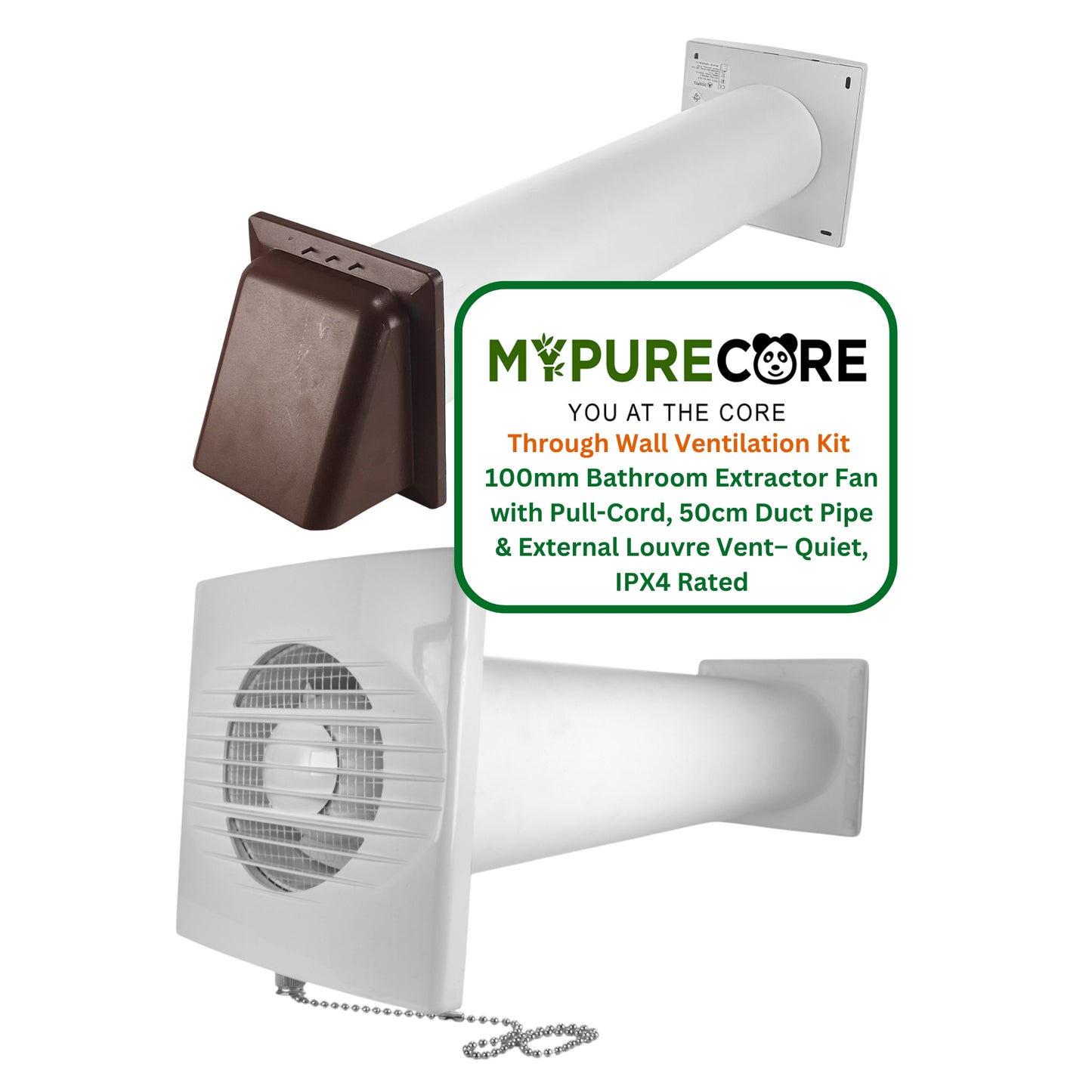 Through Wall Bathroom Ventilation Kit – 100mm Extractor Fan with Pull Cord, 50cm Duct Pipe & Louvre Vent – Quiet IPX4 Rated Fan for Toilet, Kitchen, Home & Commercial Use