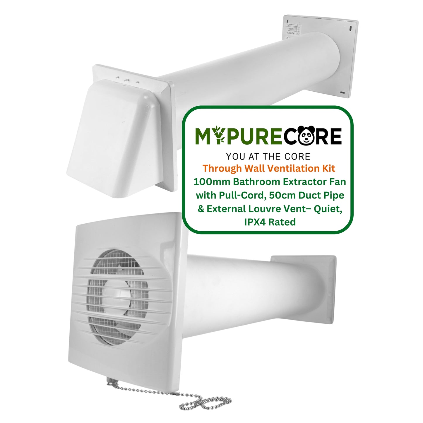 Through Wall Bathroom Ventilation Kit – 100mm Extractor Fan with Pull Cord, 50cm Duct Pipe & Louvre Vent – Quiet IPX4 Rated Fan for Toilet, Kitchen, Home & Commercial Use