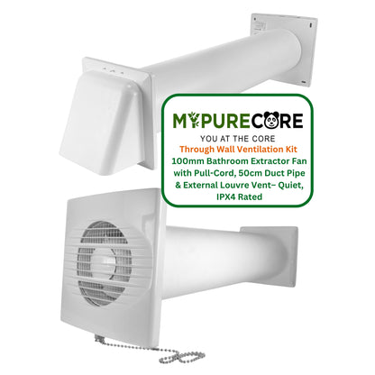 Through Wall Bathroom Ventilation Kit – 100mm Extractor Fan with Pull Cord, 50cm Duct Pipe & Louvre Vent – Quiet IPX4 Rated Fan for Toilet, Kitchen, Home & Commercial Use