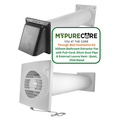 Through Wall Bathroom Ventilation Kit – 100mm Extractor Fan with Pull Cord, 50cm Duct Pipe & Louvre Vent – Quiet IPX4 Rated Fan for Toilet, Kitchen, Home & Commercial Use
