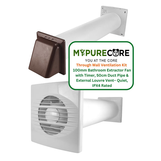 Through Wall Ventilation Kit – 100mm Bathroom Extractor Fan with Timer, 50cm Duct Pipe & External Louvre Vent – Quiet IPX4 Rated Fan – Ideal for Bathroom, Toilet, Kitchen, Home & Office Use