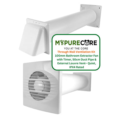Through Wall Ventilation Kit – 100mm Bathroom Extractor Fan with Timer, 50cm Duct Pipe & External Louvre Vent – Quiet IPX4 Rated Fan – Ideal for Bathroom, Toilet, Kitchen, Home & Office Use