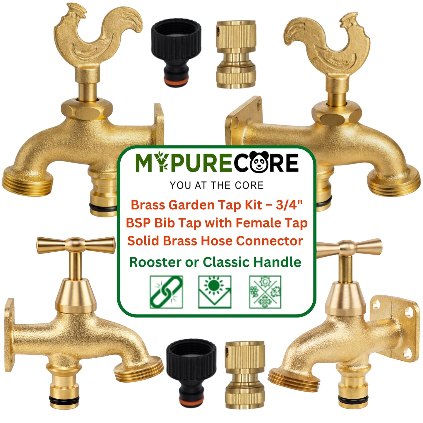 Brass Garden Tap Kit – 3/4" BSP Outdoor Bib Tap with Female Tap Connector & Solid Brass Hose Connector, Heavy-Duty Quick Connect for Garden & Irrigation Rooster/Classic Handle