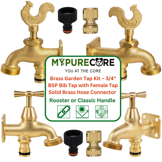 Brass Garden Tap Kit – 3/4" BSP Outdoor Bib Tap with Female Tap Connector & Solid Brass Hose Connector, Heavy-Duty Quick Connect for Garden & Irrigation Rooster/Classic Handle