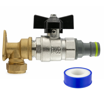 Garden Outdoor Tap Kit with 15mm Brass Compression Wall Plate – Tap Options with Hose Connector Compatibility, PTFE Tape Included for Garden Watering, Irrigation, Outdoor Use