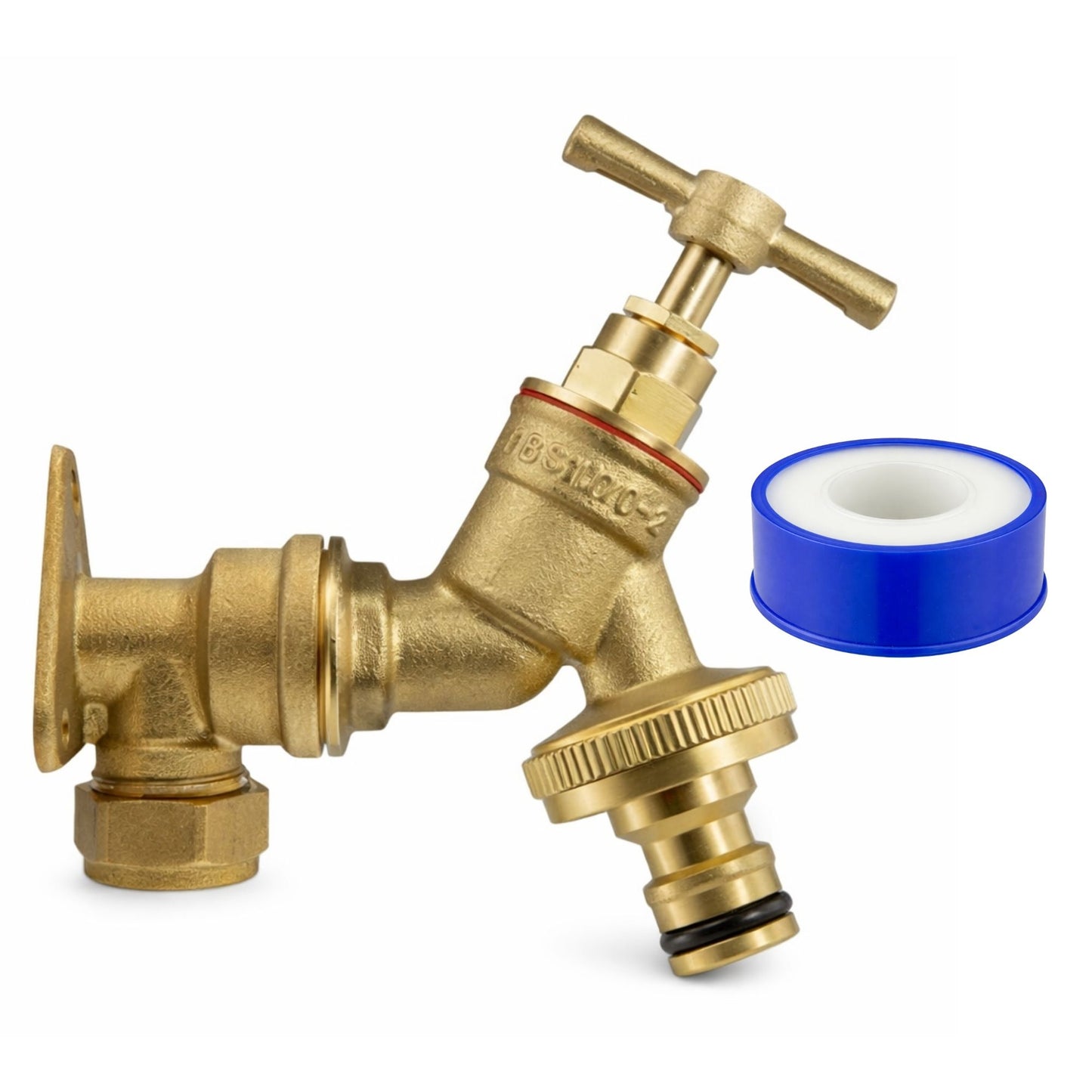 Garden Outdoor Tap Kit with 15mm Brass Compression Wall Plate – Tap Options with Hose Connector Compatibility, PTFE Tape Included for Garden Watering, Irrigation, Outdoor Use