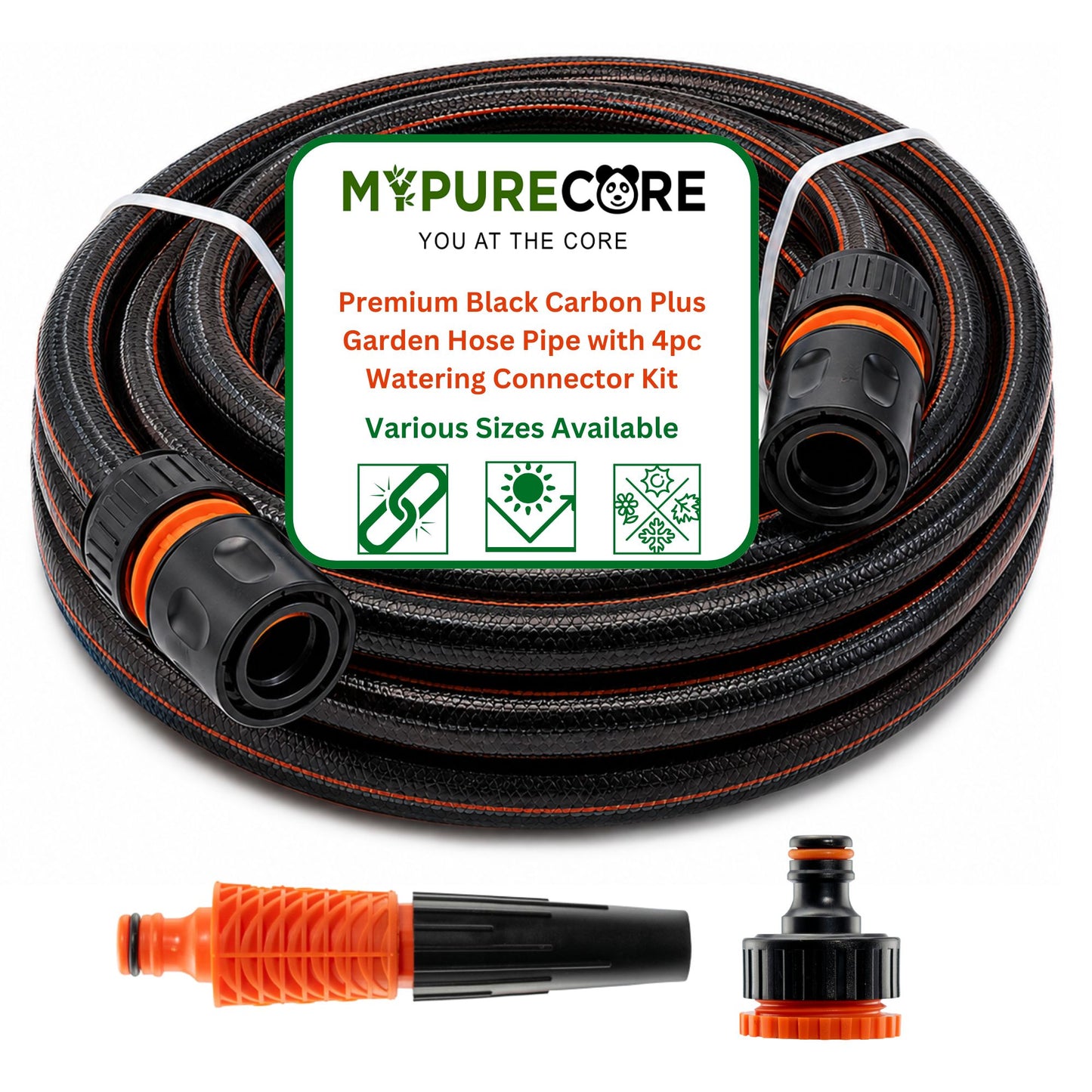 Premium Black Carbon Plus Garden Hose Pipe with 4-Piece Watering Connector Kit – Heavy Duty Anti-Kink UV Resistant Flexible Garden Hose for Watering, Car Washing & Outdoor Use