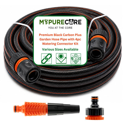 Premium Black Carbon Plus Garden Hose Pipe with 4-Piece Watering Connector Kit – Heavy Duty Anti-Kink UV Resistant Flexible Garden Hose for Watering, Car Washing & Outdoor Use