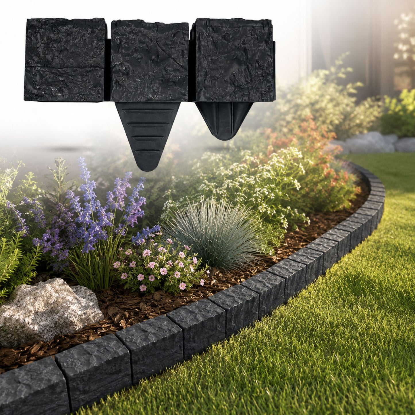 Lawn Edging Garden Border Stone Effect with Built-in Spikes, Flexible Interlocking Plastic Lawn & Flower Bed Edging for Paths, Patios, Borders & Landscaping