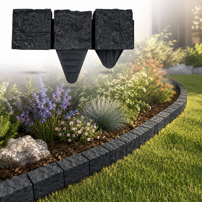 Lawn Edging Garden Border Stone Effect with Built-in Spikes, Flexible Interlocking Plastic Lawn & Flower Bed Edging for Paths, Patios, Borders & Landscaping