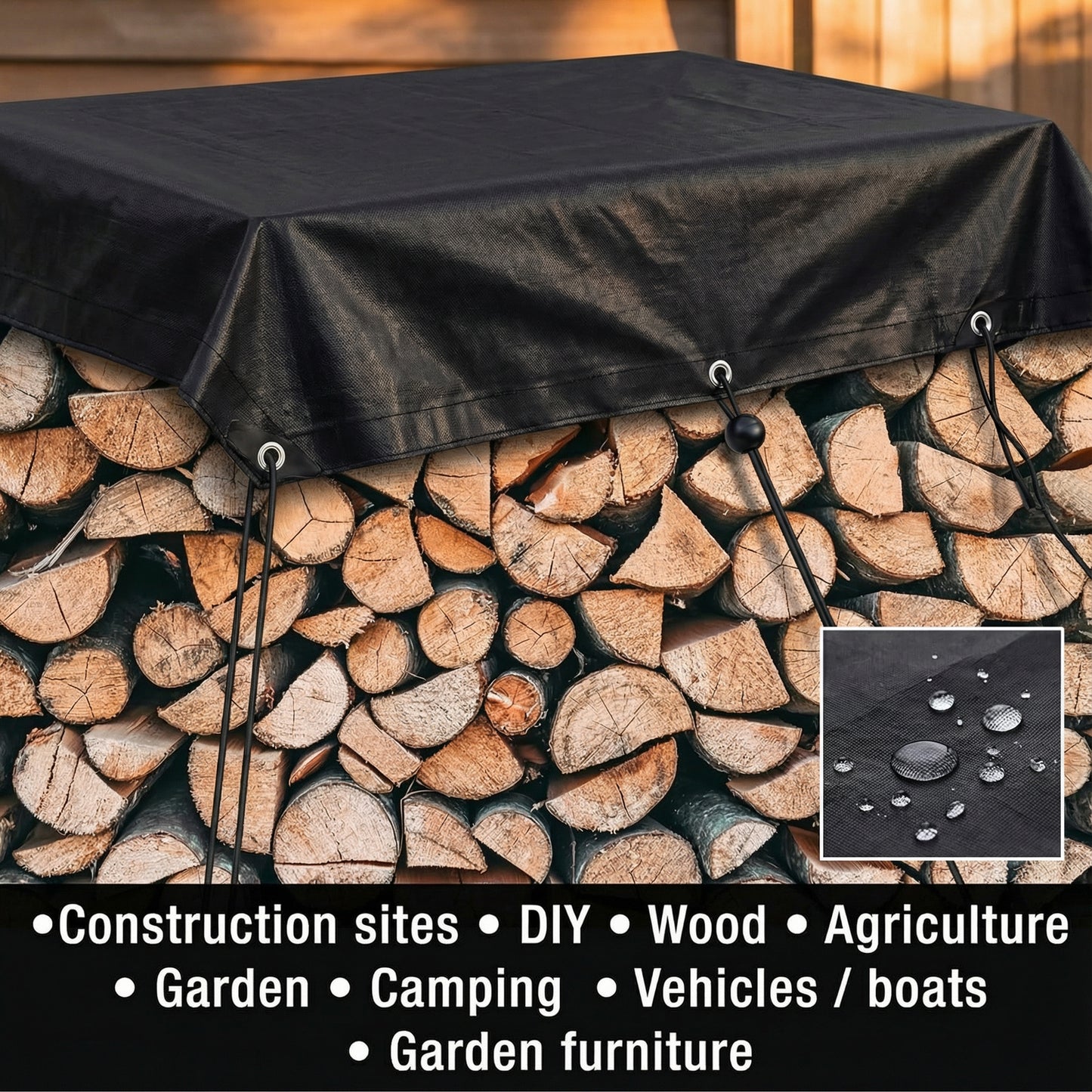 MYPURECORE Heavy Duty Waterproof Tarpaulin 250GSM Black Tarp with 10 Bungee Balls - Durable Weatherproof Tarp Sheet for Camping, Garden, Trailer, Tent & Outdoor Protection