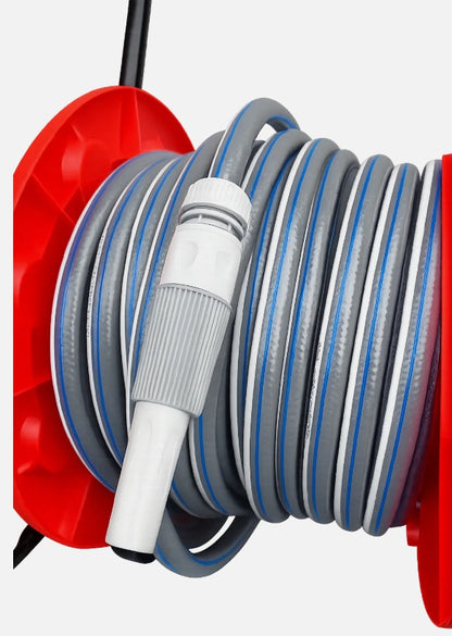 Hose Reel Cart with 30m Blue/Gray Garden Hose Pipe Watering Kit – Portable Wheeled Hose Trolley with Spray Nozzle, Connectors & Outdoor Irrigation Set