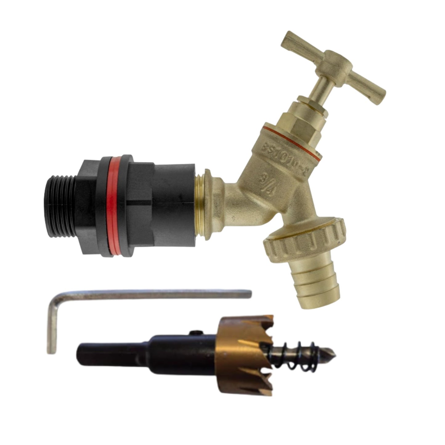 Garden Water Butt Tap Kit with Drill Bit – Rain Barrel Adapter 3/4" BSP Hose Connector with Tap Options, Washers & PTFE Tape for Water Tank, IBC & Garden Irrigation Systems