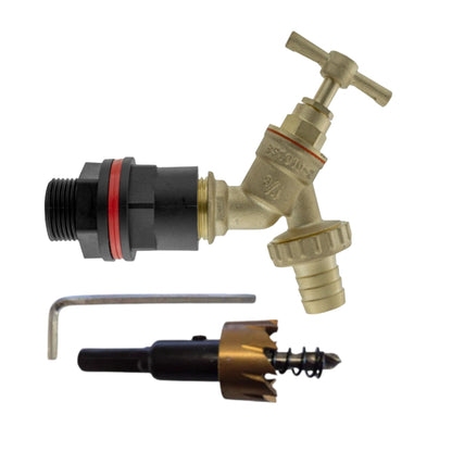 Garden Water Butt Tap Kit with Drill Bit – Rain Barrel Adapter 3/4" BSP Hose Connector with Tap Options, Washers & PTFE Tape for Water Tank, IBC & Garden Irrigation Systems