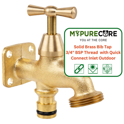 Brass Bib Tap 3/4" BSP Thread - Garden Tap with Quick Connect Inlet Outdoor