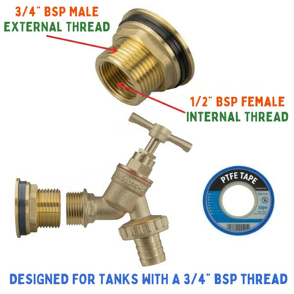 Water Butt Brass Kit 3/4" BSP to 1/2" – Heavy-Duty Brass Tank Connector with Tap Options for Rainwater Harvesting & IBC Containers