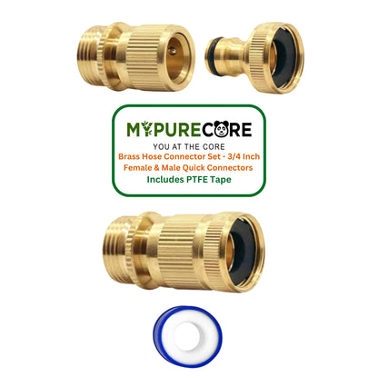 2-Pack Brass Garden Hose No-Leak Connector Set | 3/4 Inch Female & Male Quick Connectors with PTFE Tape | Durable Water Hose Fittings for Outdoor Tap, Garden Hose