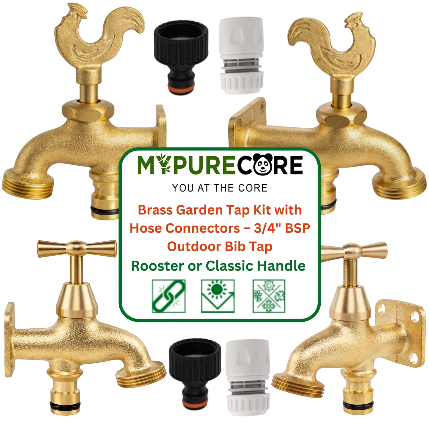 Brass Garden Tap Kit with Hose Connectors – 3/4" BSP Outdoor Bib Tap, Female Tap Connector & Female Hose Connector, Quick Connect Water Tap Set Rooster/Classic Handle
