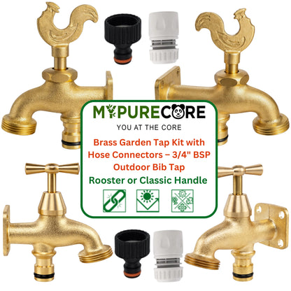 Brass Garden Tap Kit with Hose Connectors – 3/4" BSP Outdoor Bib Tap, Female Tap Connector & Female Hose Connector, Quick Connect Water Tap Set Rooster/Classic Handle
