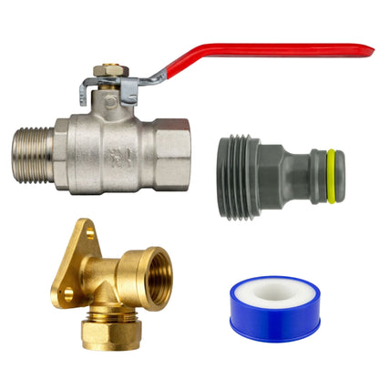 Garden Outdoor Tap Kit with 15mm Brass Compression Wall Plate – Tap Options with Hose Connector Compatibility, PTFE Tape Included for Garden Watering, Irrigation, Outdoor Use