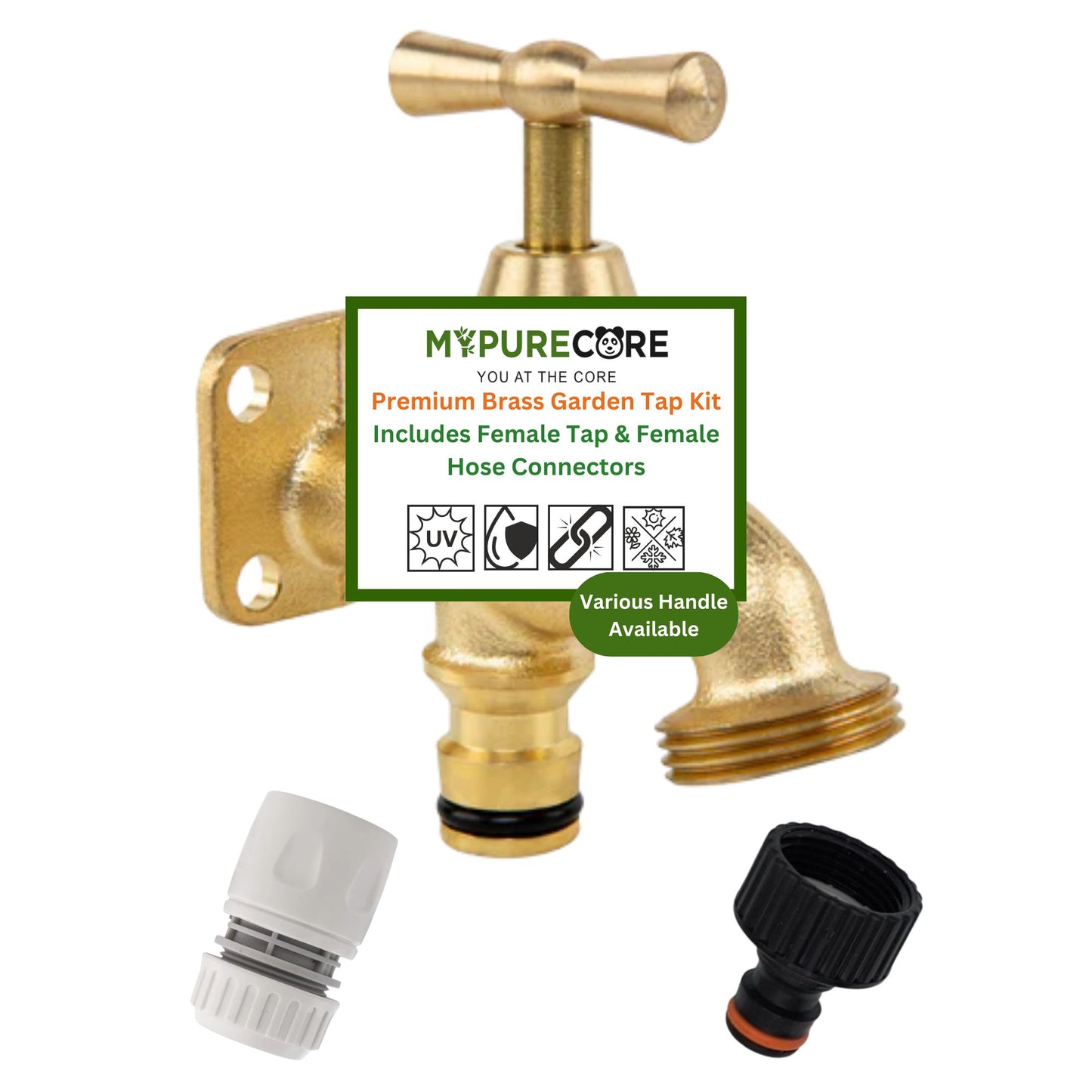 Brass Garden Tap Kit with Hose Connectors – 3/4" BSP Outdoor Bib Tap, Female Tap Connector & Female Hose Connector, Quick Connect Water Tap Set Rooster/Classic Handle
