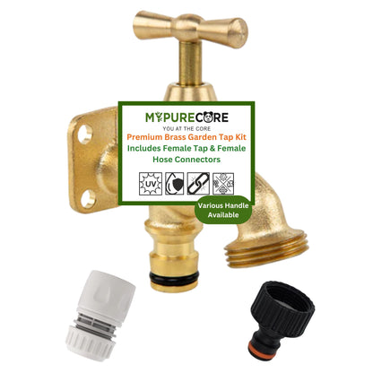 Brass Garden Tap Kit with Hose Connectors – 3/4" BSP Outdoor Bib Tap, Female Tap Connector & Female Hose Connector, Quick Connect Water Tap Set Rooster/Classic Handle