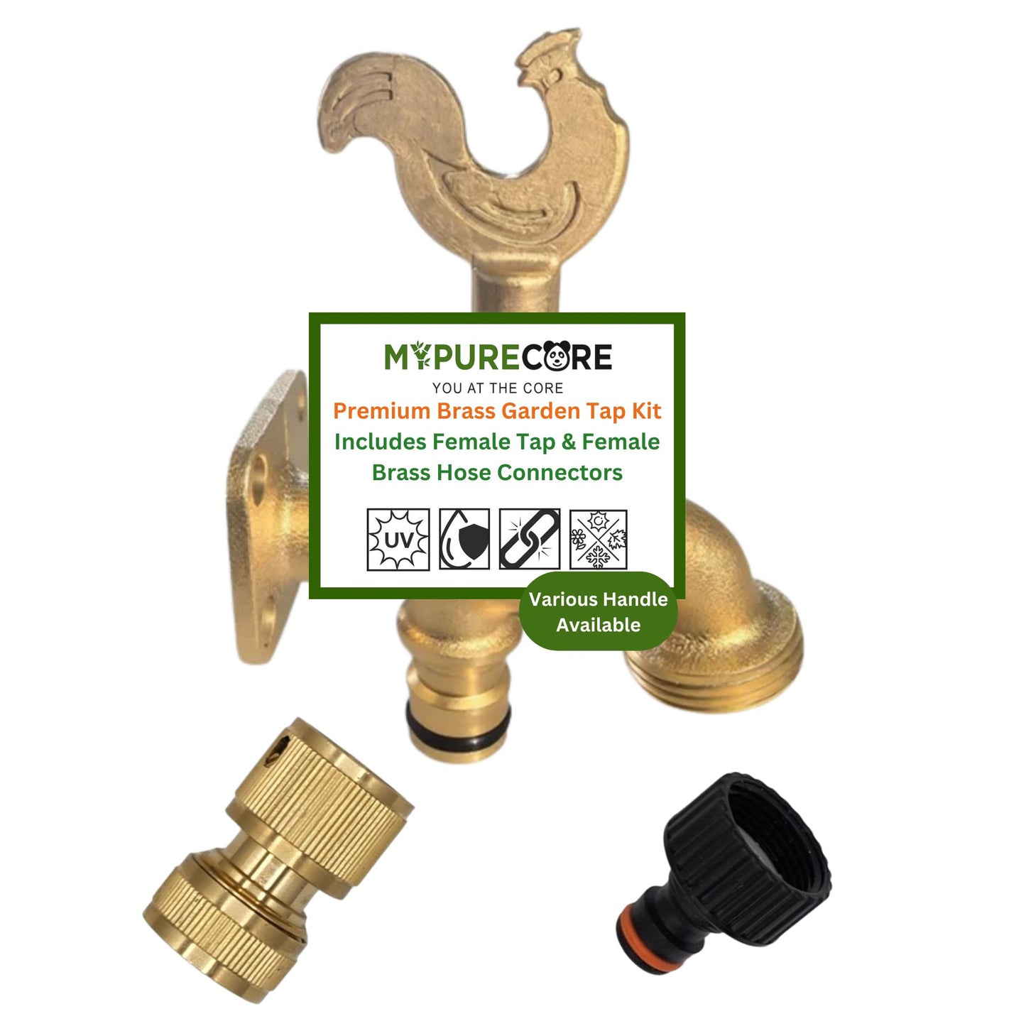 Brass Garden Tap Kit – 3/4" BSP Outdoor Bib Tap with Female Tap Connector & Solid Brass Hose Connector, Heavy-Duty Quick Connect for Garden & Irrigation Rooster/Classic Handle