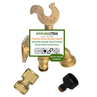 Brass Garden Tap Kit – 3/4" BSP Outdoor Bib Tap with Female Tap Connector & Solid Brass Hose Connector, Heavy-Duty Quick Connect for Garden & Irrigation Rooster/Classic Handle