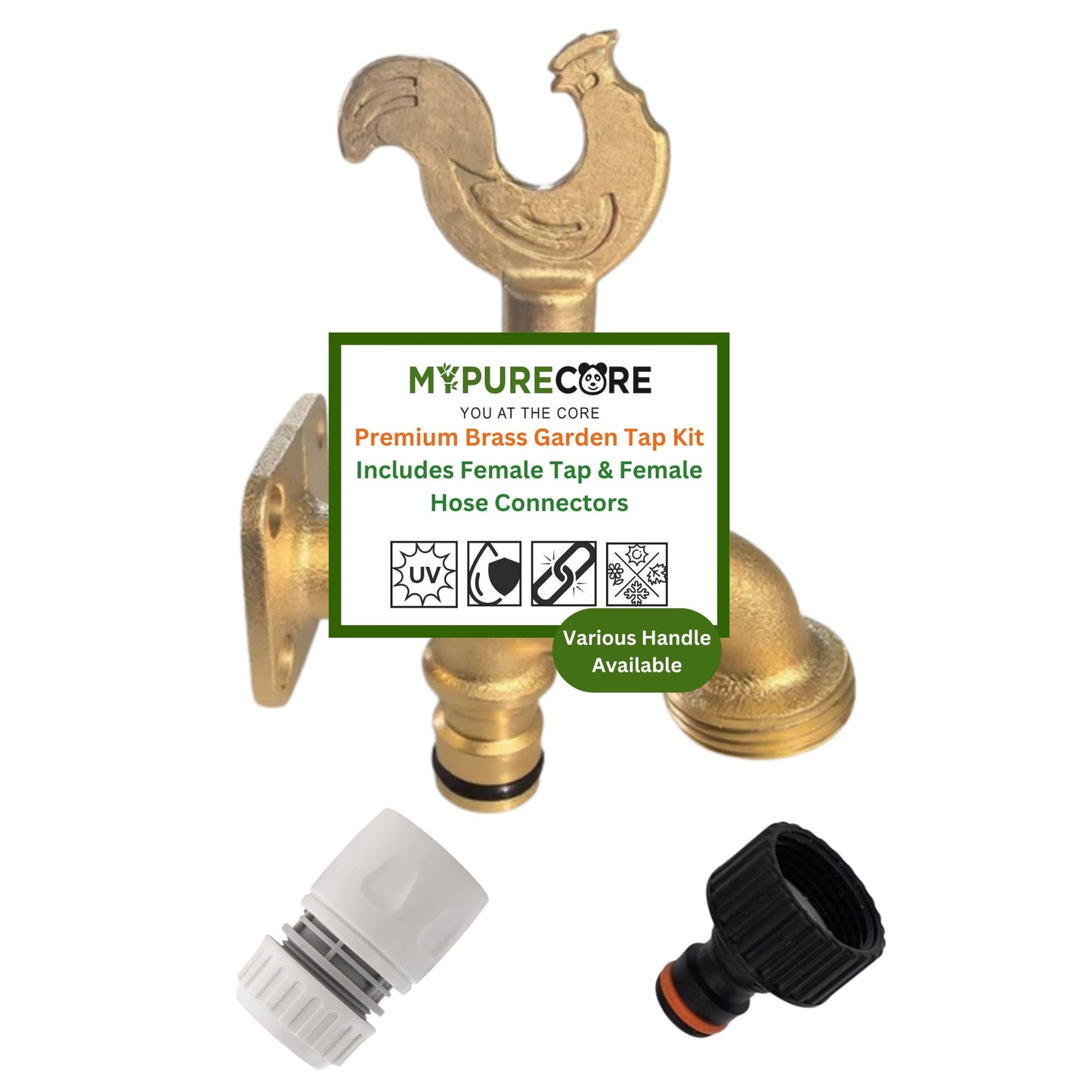 Brass Garden Tap Kit with Hose Connectors – 3/4" BSP Outdoor Bib Tap, Female Tap Connector & Female Hose Connector, Quick Connect Water Tap Set Rooster/Classic Handle