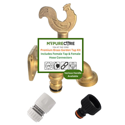 Brass Garden Tap Kit with Hose Connectors – 3/4" BSP Outdoor Bib Tap, Female Tap Connector & Female Hose Connector, Quick Connect Water Tap Set Rooster/Classic Handle