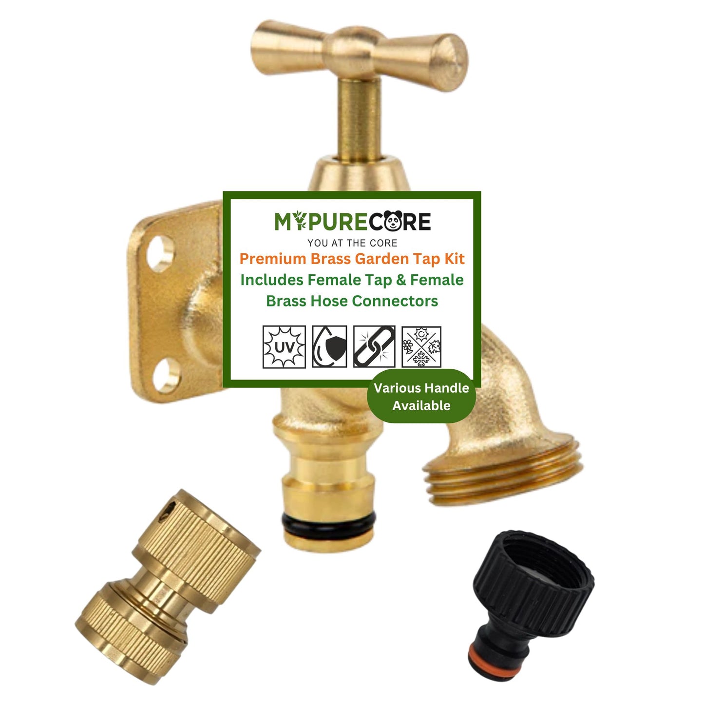 Brass Garden Tap Kit – 3/4" BSP Outdoor Bib Tap with Female Tap Connector & Solid Brass Hose Connector, Heavy-Duty Quick Connect for Garden & Irrigation Rooster/Classic Handle