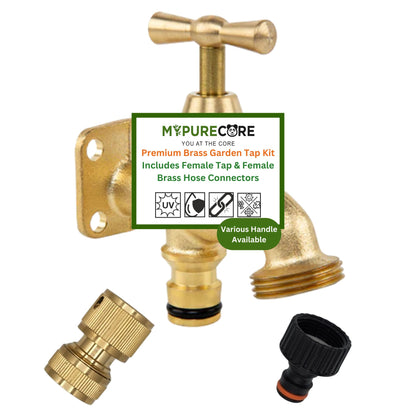 Brass Garden Tap Kit – 3/4" BSP Outdoor Bib Tap with Female Tap Connector & Solid Brass Hose Connector, Heavy-Duty Quick Connect for Garden & Irrigation Rooster/Classic Handle