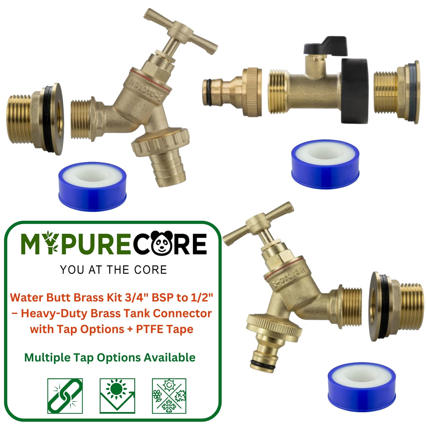 Water Butt Brass Kit 3/4" BSP to 1/2" – Heavy-Duty Brass Tank Connector with Tap Options for Rainwater Harvesting & IBC Containers
