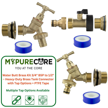 Water Butt Brass Kit 3/4" BSP to 1/2" – Heavy-Duty Brass Tank Connector with Tap Options for Rainwater Harvesting & IBC Containers