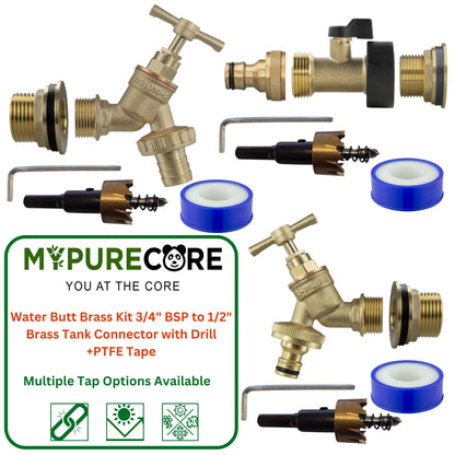 Water Butt Brass Kit 3/4" BSP to 1/2" – Heavy-Duty Brass Tank Connector with Tap Options & Drill Bit for Rainwater Harvesting & IBC Containers