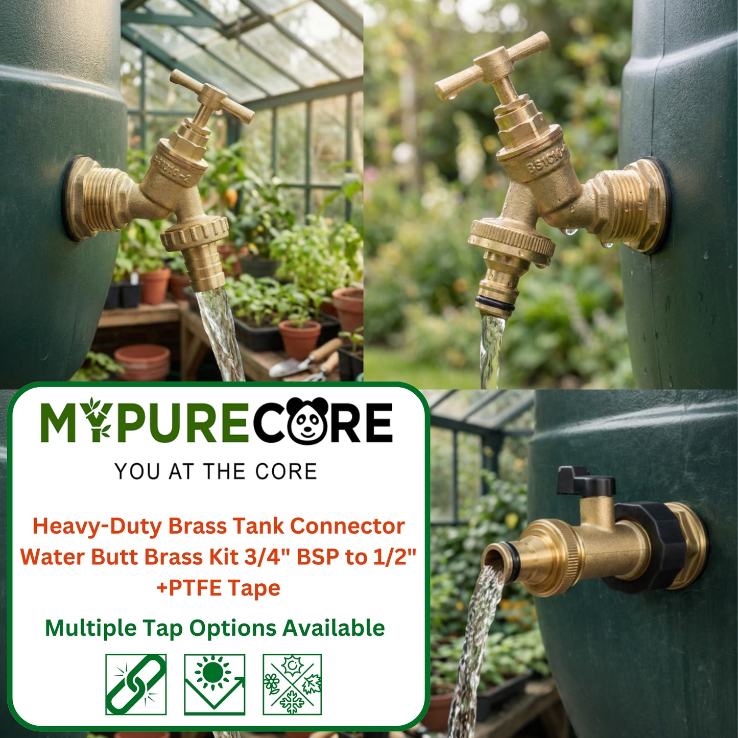 Water Butt Brass Kit 3/4" BSP to 1/2" – Heavy-Duty Brass Tank Connector with Tap Options for Rainwater Harvesting & IBC Containers