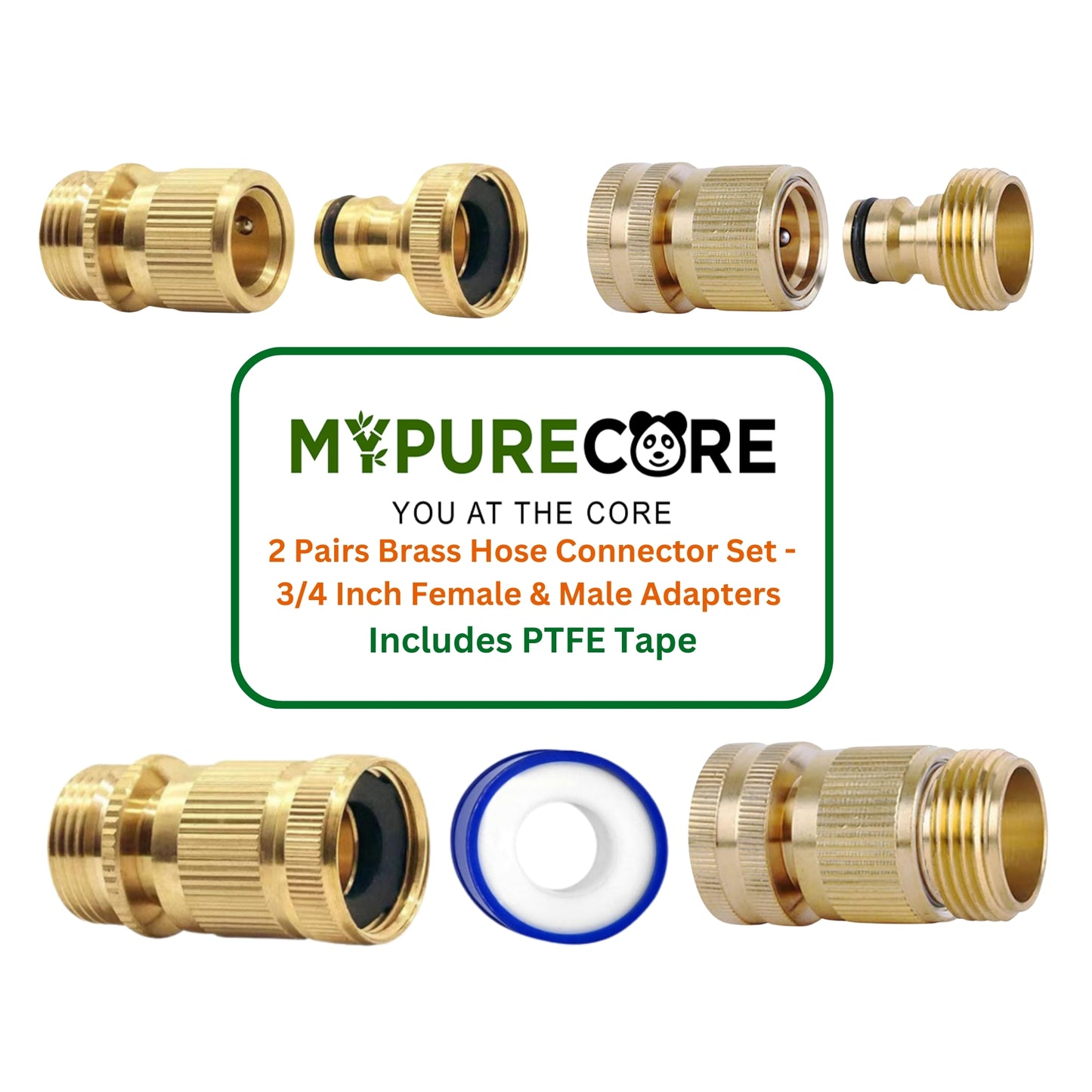 2 Pairs Garden Hose Quick Connect Set | 3/4 Inch Solid Brass Hose Fittings with PTFE Tape | Male & Female Adapters for Car Wash, Garden Irrigation, Outdoor Tap