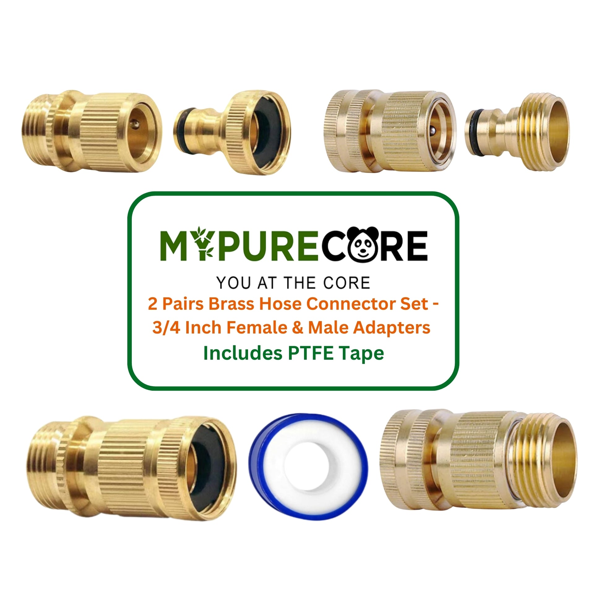 2 Pairs Garden Hose Quick Connect Set | 3/4 Inch Solid Brass Hose Fittings with PTFE Tape | Male & Female Adapters for Car Wash, Garden Irrigation, Outdoor Tap