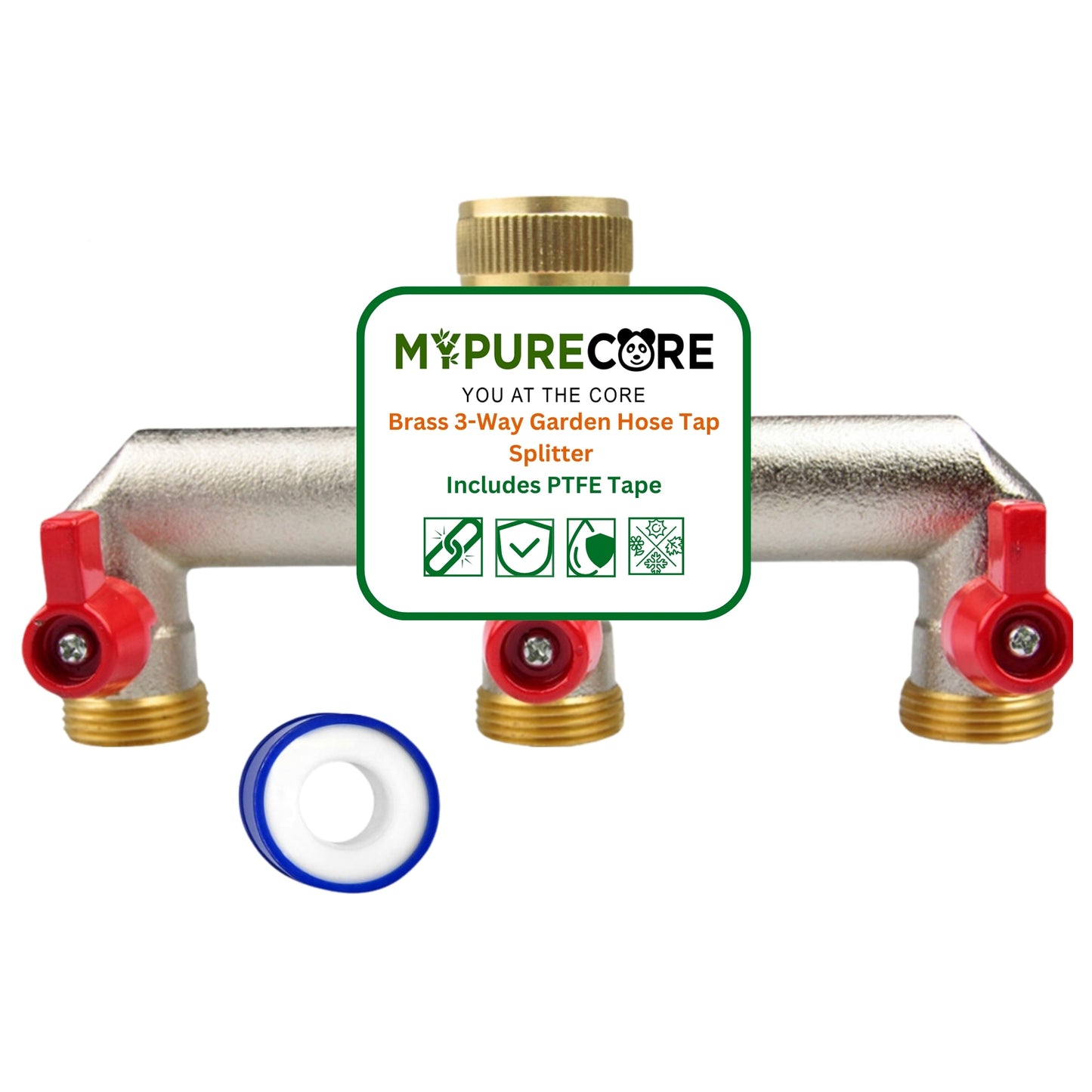 Brass 3-Way Garden Hose Tap Splitter with PTFE Tape – Durable 3/4" Outdoor Tap Connector with Individual Valves