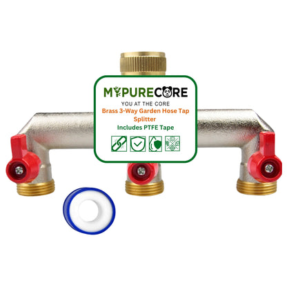 Brass 3-Way Garden Hose Tap Splitter with PTFE Tape – Durable 3/4" Outdoor Tap Connector with Individual Valves