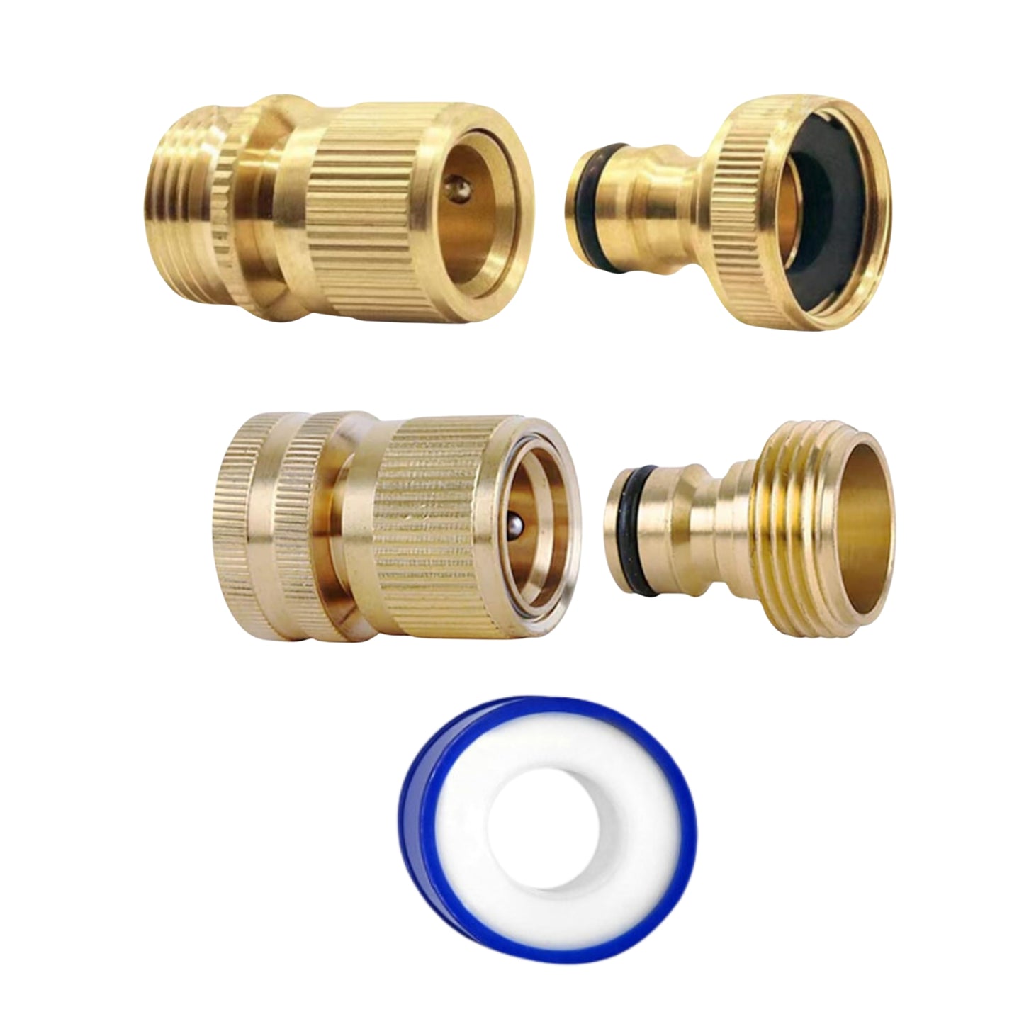 2 Pairs Garden Hose Quick Connect Set | 3/4 Inch Solid Brass Hose Fittings with PTFE Tape | Male & Female Adapters for Car Wash, Garden Irrigation, Outdoor Tap