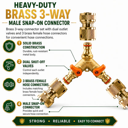 3 Way Brass Garden Hose Splitter with Valves & 3 Female Quick Connect Hose Fittings Kit