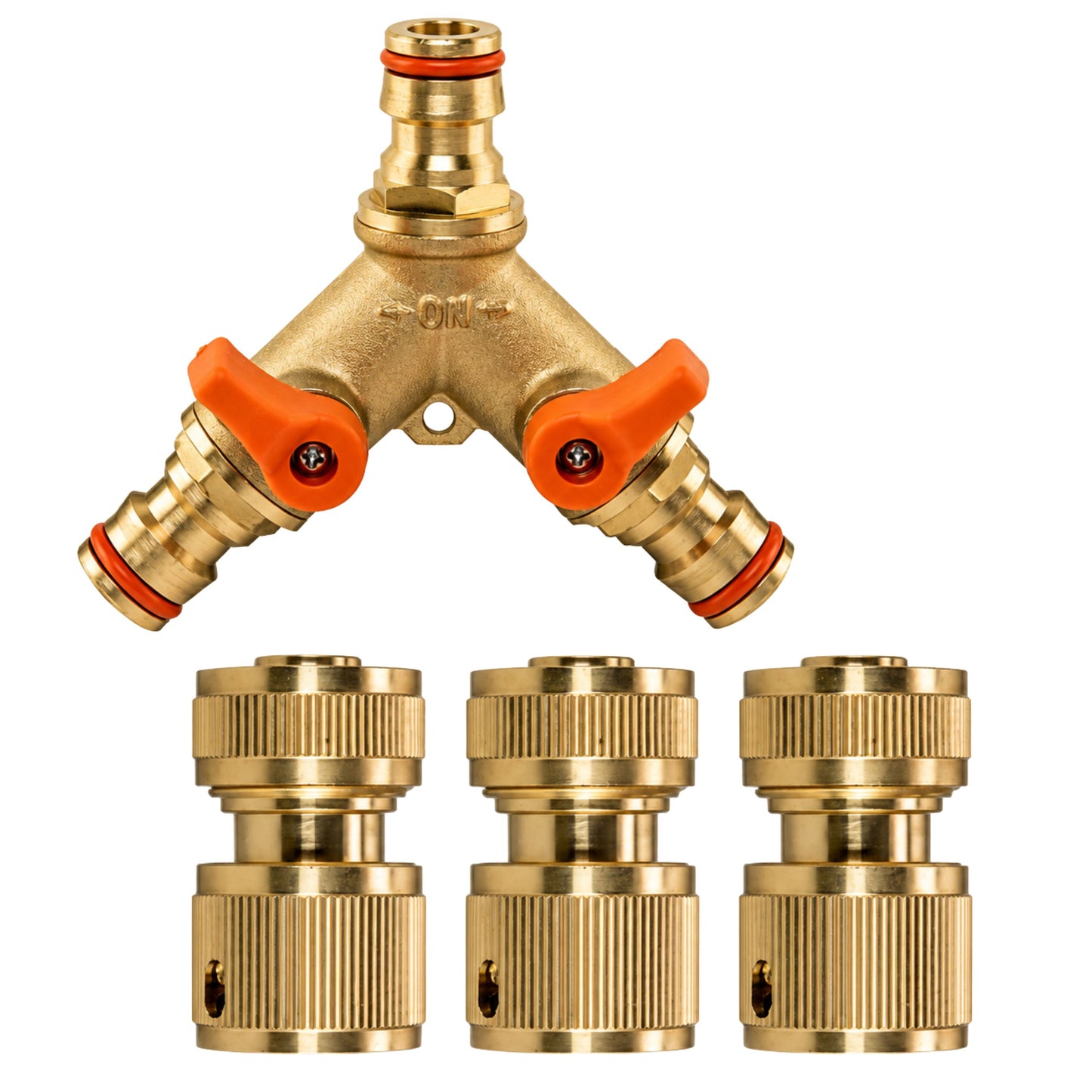 3 Way Brass Garden Hose Splitter with Valves & 3 Female Quick Connect Hose Fittings Kit