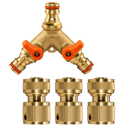 3 Way Brass Garden Hose Splitter with Valves & 3 Female Quick Connect Hose Fittings Kit