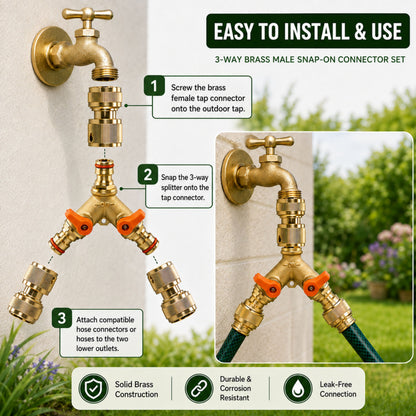 3 Way Brass Garden Hose Splitter with Valves & 3 Female Quick Connect Hose Fittings Kit