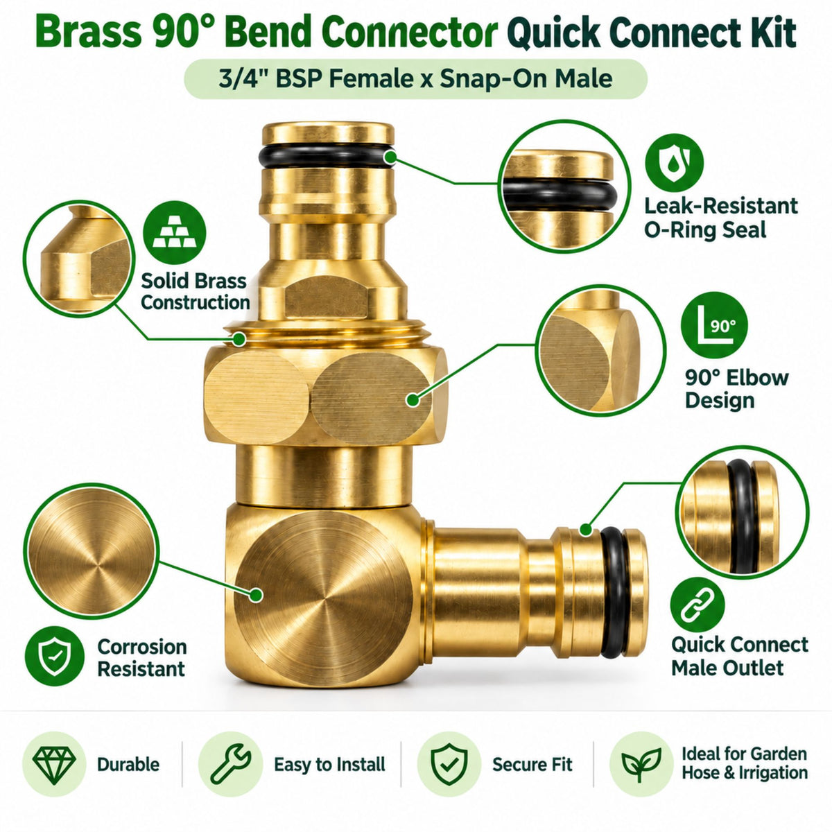 Brass 90° Elbow Connector 3/4 BSP Female Quick Connect Snap-On Male Garden Hose Fitting Adapter Kits